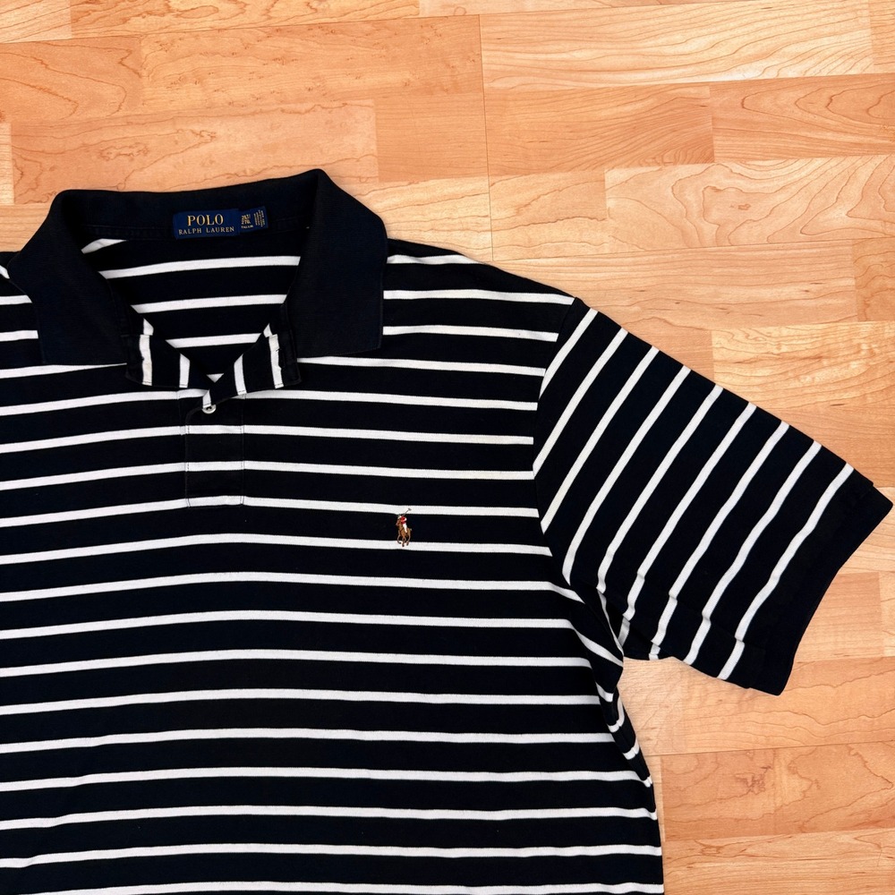 Vintage Polo Ralph Lauren Mens 2XLT Black White Striped Cotton Polo Shirt Tall